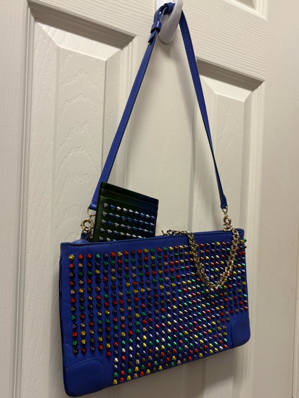 Christian Louboutin Blue Multicolored Stud Shoulder Bag w/ Matching Card Holder